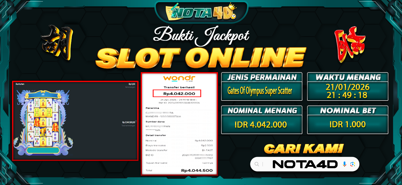 Bukti Kemenangan Besar Dibayar lunas Member NOTA4D RP 4.042.000, 22 Januari 2026